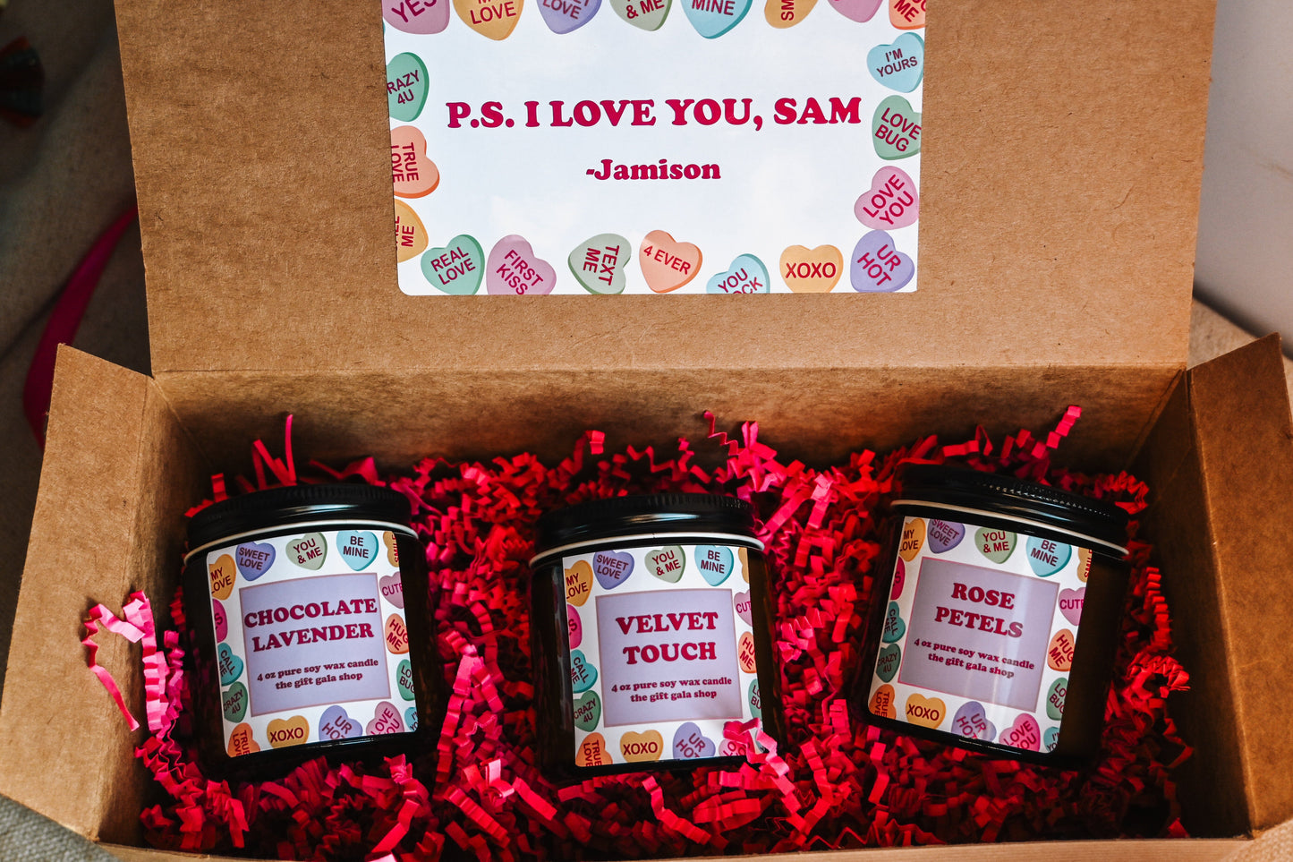 Conversation Hearts Candle Gift Set | Soy Candle Set of 3 | Handmade Scented Candles | Valentines Candle Gift Box The Gift Gala Shop Candle Co.