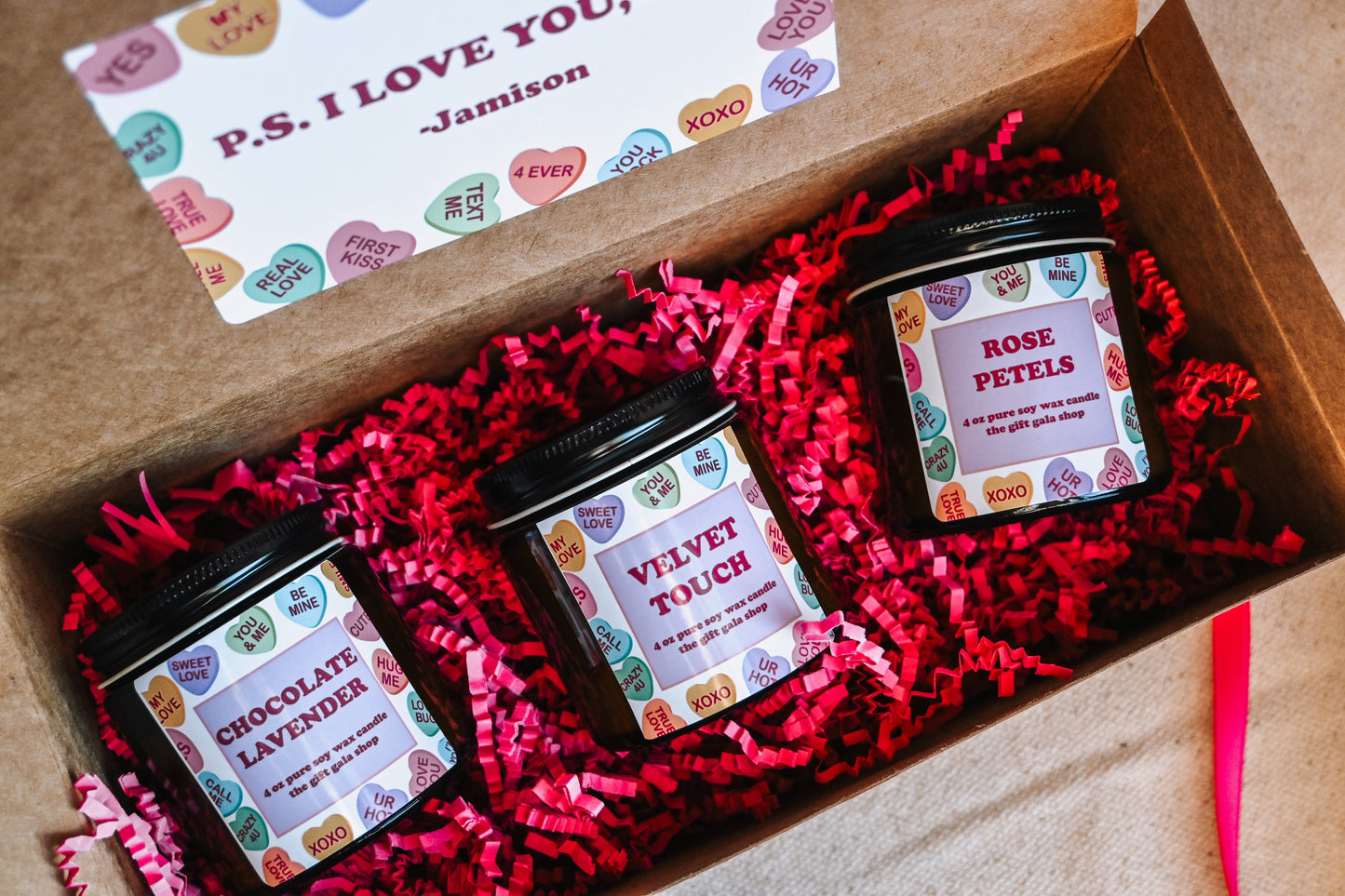 Conversation Hearts Candle Gift Set | Soy Candle Set of 3 | Handmade Scented Candles | Valentines Candle Gift Box The Gift Gala Shop Candle Co.