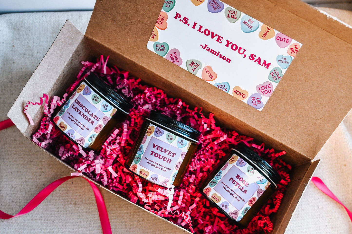 Conversation Hearts Candle Gift Set | Soy Candle Set of 3 | Handmade Scented Candles | Valentines Candle Gift Box The Gift Gala Shop Candle Co.