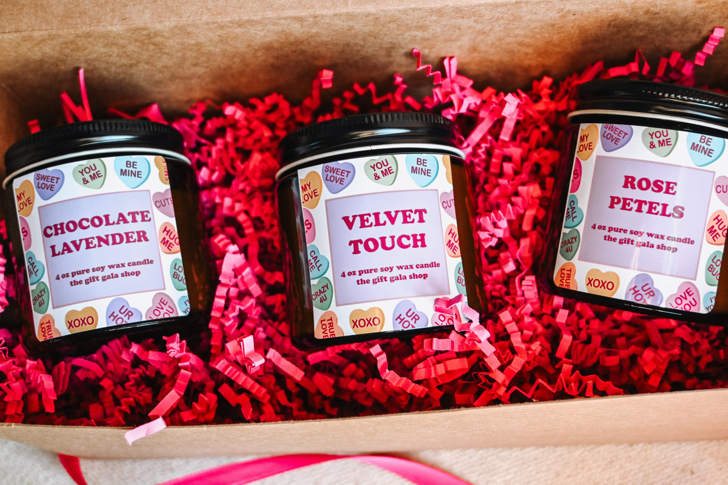 Conversation Hearts Candle Gift Set | Soy Candle Set of 3 | Handmade Scented Candles | Valentines Candle Gift Box The Gift Gala Shop Candle Co.