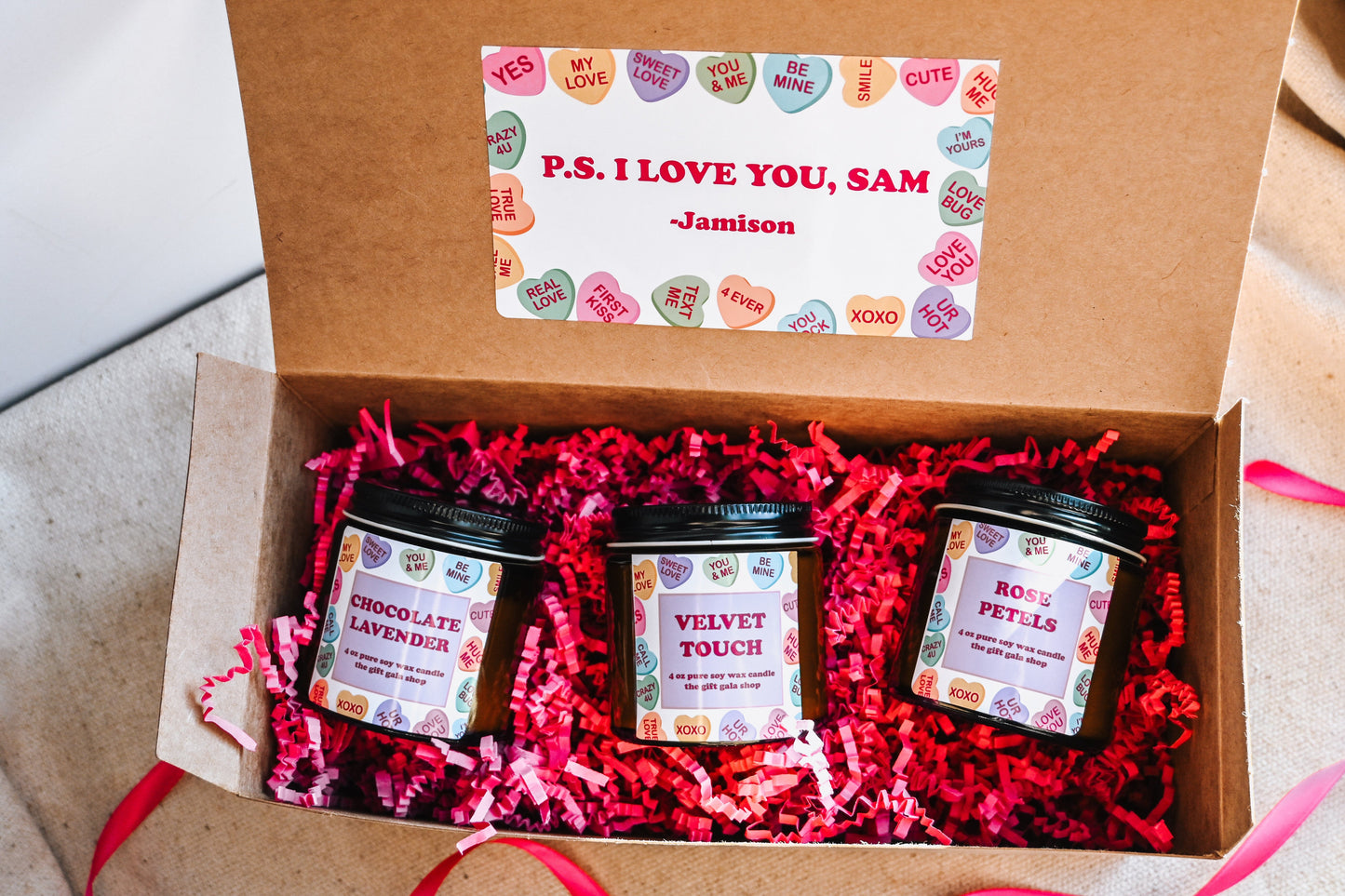 Conversation Hearts Candle Gift Set | Soy Candle Set of 3 | Handmade Scented Candles | Valentines Candle Gift Box The Gift Gala Shop Candle Co.