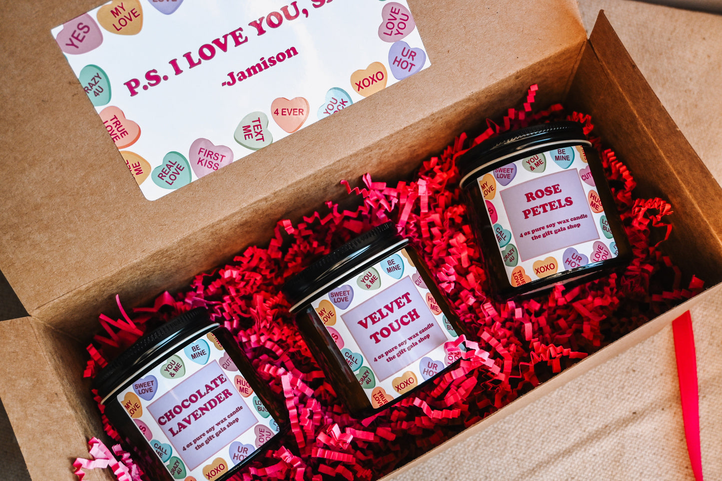 Conversation Hearts Candle Gift Set | Soy Candle Set of 3 | Handmade Scented Candles | Valentines Candle Gift Box The Gift Gala Shop Candle Co.