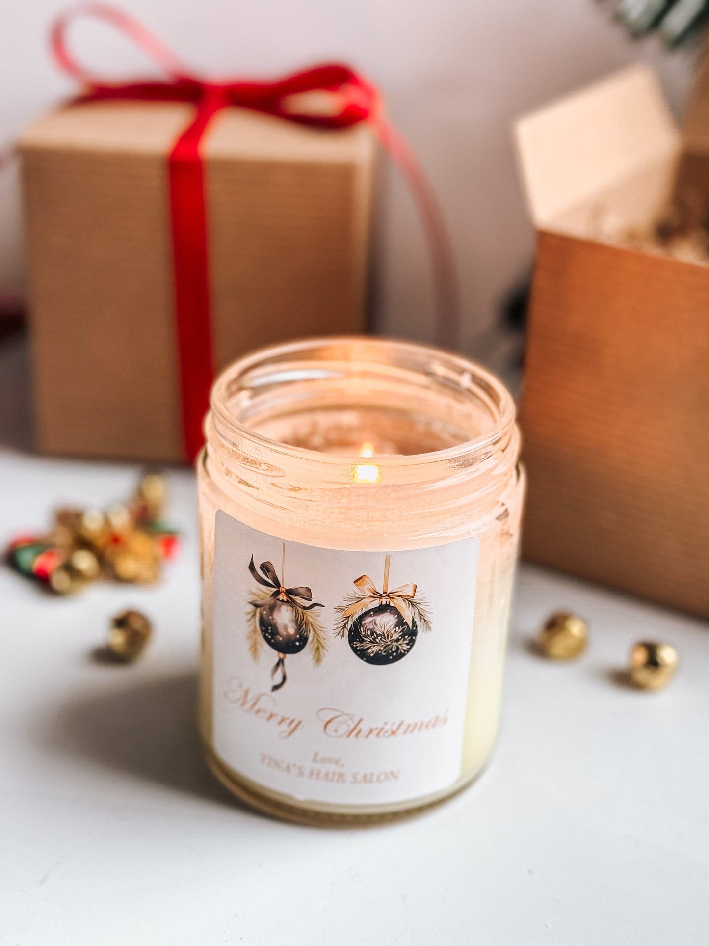 Custom Merry Christmas Candle | Stocking Stuffer | Black & Gold Ornaments | Secret Santa Gift | Holiday Home Decor | 9 oz Scented Soy Candle Thegiftgalashop