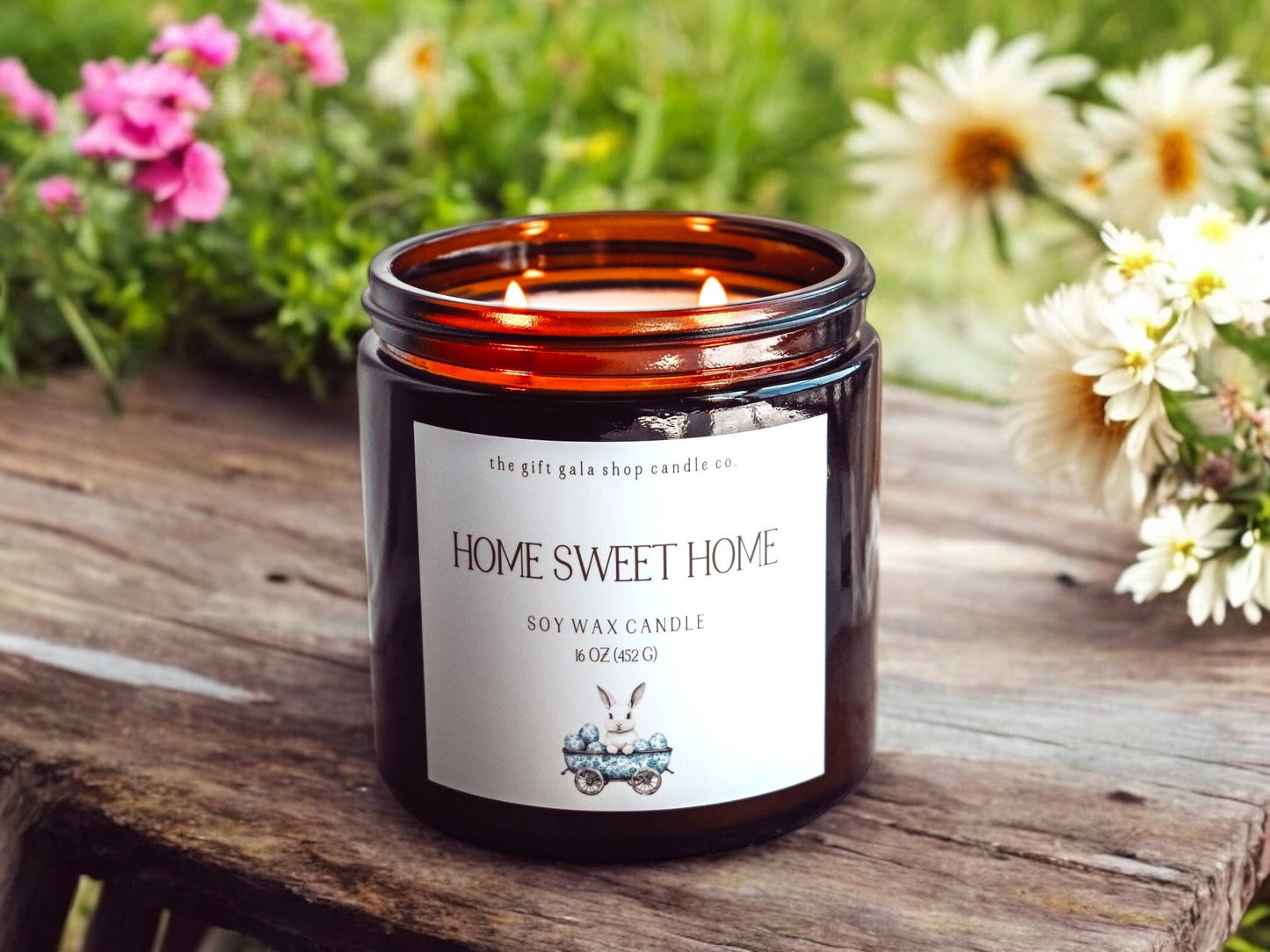 Farmhouse Home Sweet Home Scented Soy Candle | Handmade Nontoxic Candles | Blue and White Bunny Decor The Gift Gala Shop Candle Co.