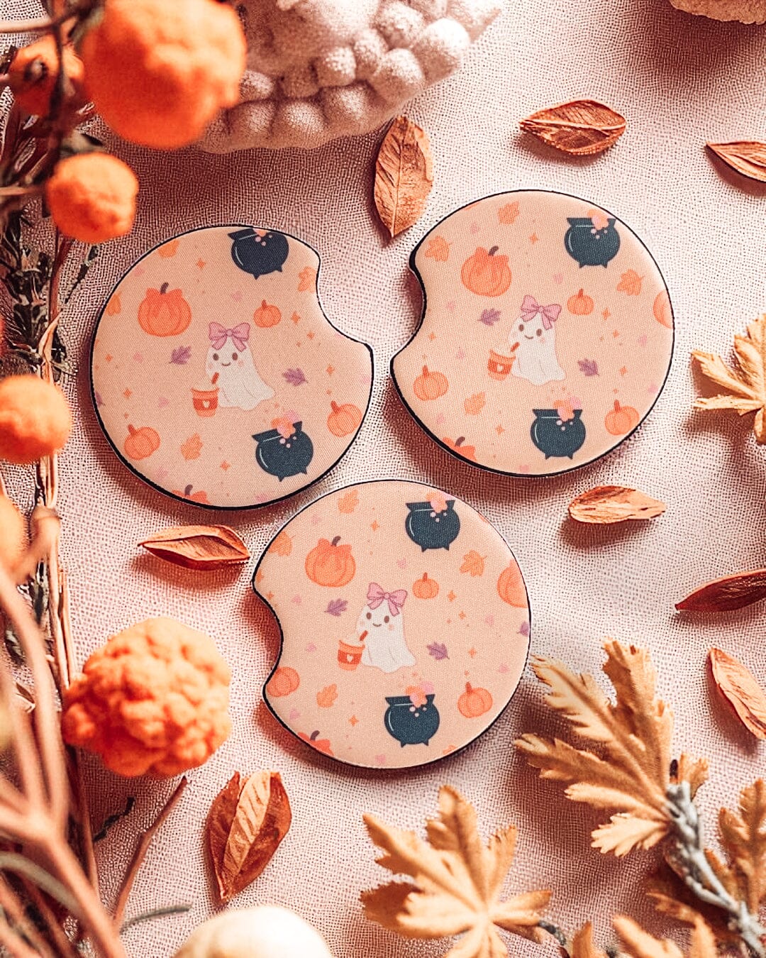 Halloween Car Coasters - Fall Pumpkin Car Coasters - Coffee & Pumpkins - Neoprene Car Coasters The Gift Gala Shop Candle Co.