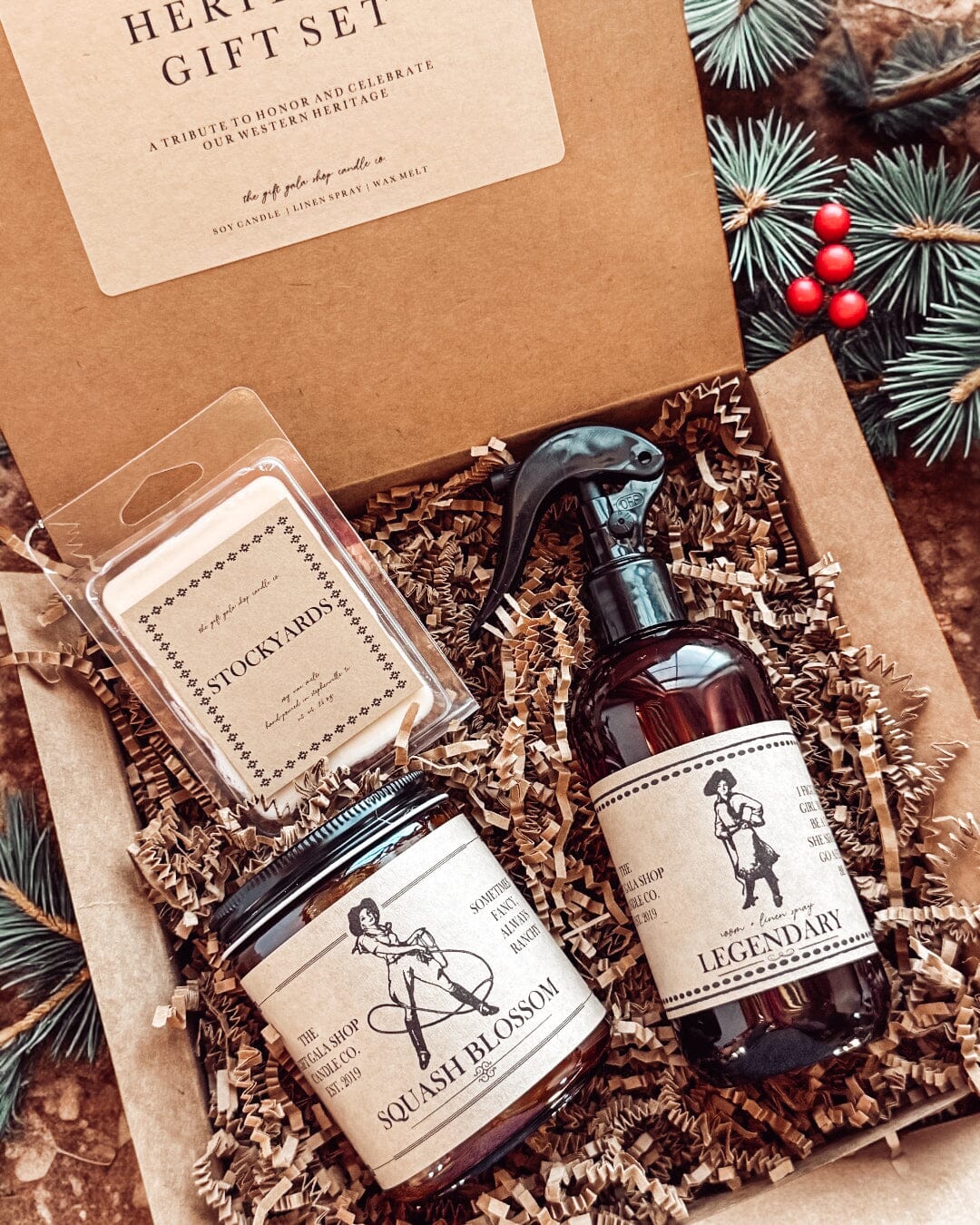 Heritage Gift Box | Western Fragrance Gift Set for Christmas | Nontoxic Candle + Room Spray + Wax Melt The Gift Gala Shop Candle Co.