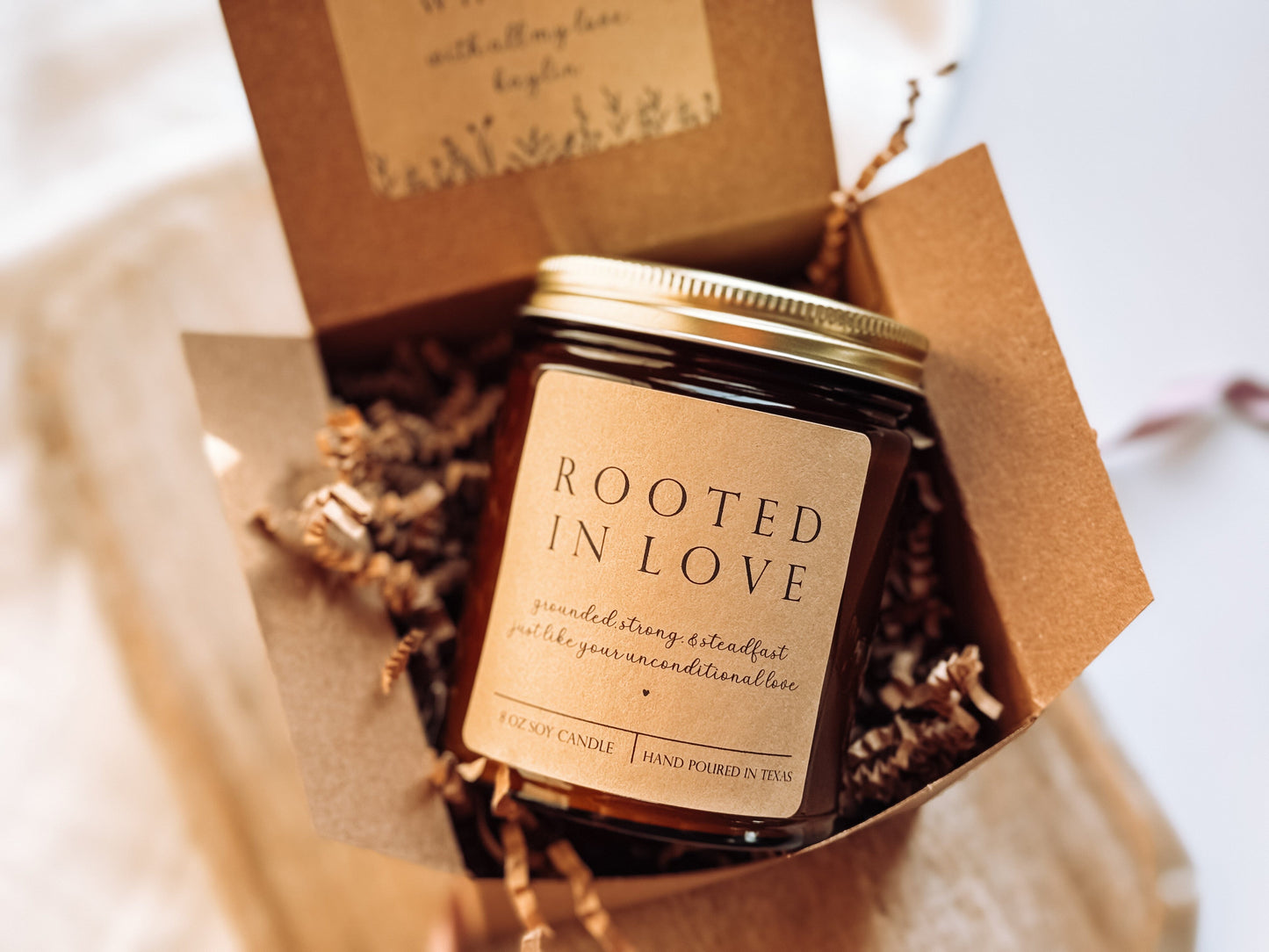 Rooted In Love Scented Candle, Handmade 8 oz Amber Jar Non-Toxic Candle, Personalized Gift Box for Mothers Day The Gift Gala Shop Candle Co.