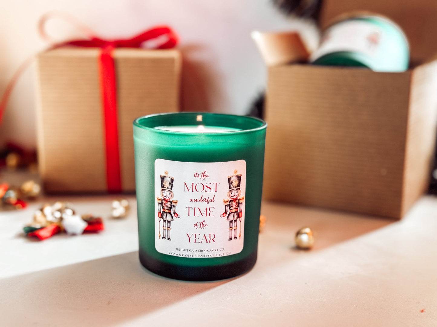 The Evergreen Nutcracker Candle | Green Christmas Home Decor | 8 oz Long Lasting Scented Candle Soy candle The Gift Gala Shop Candle Co.