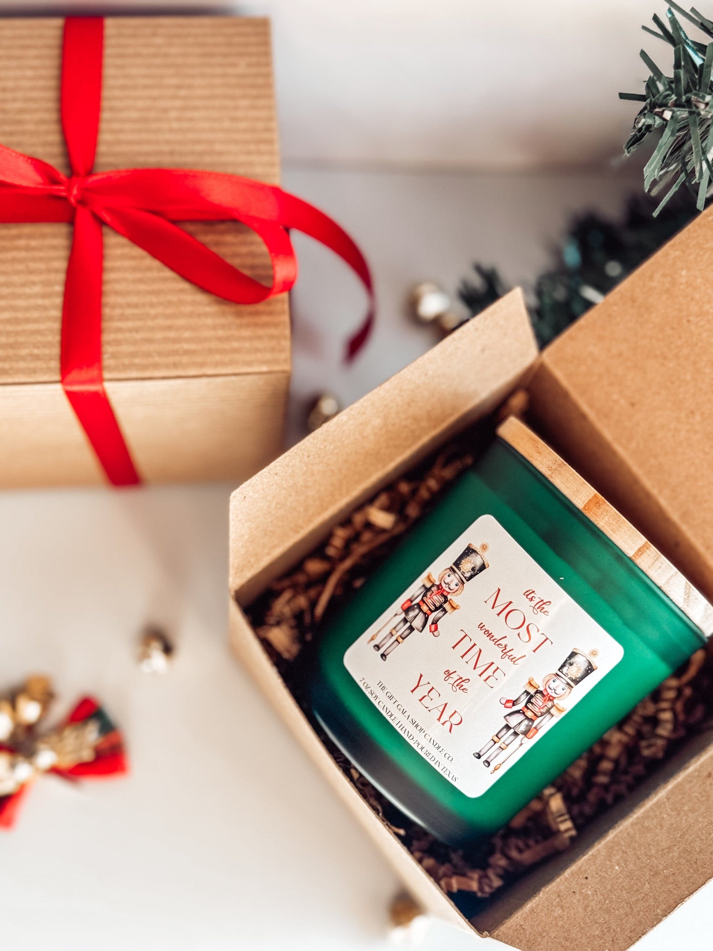 The Evergreen Nutcracker Candle | Green Christmas Home Decor | 8 oz Long Lasting Scented Candle Soy candle The Gift Gala Shop Candle Co.