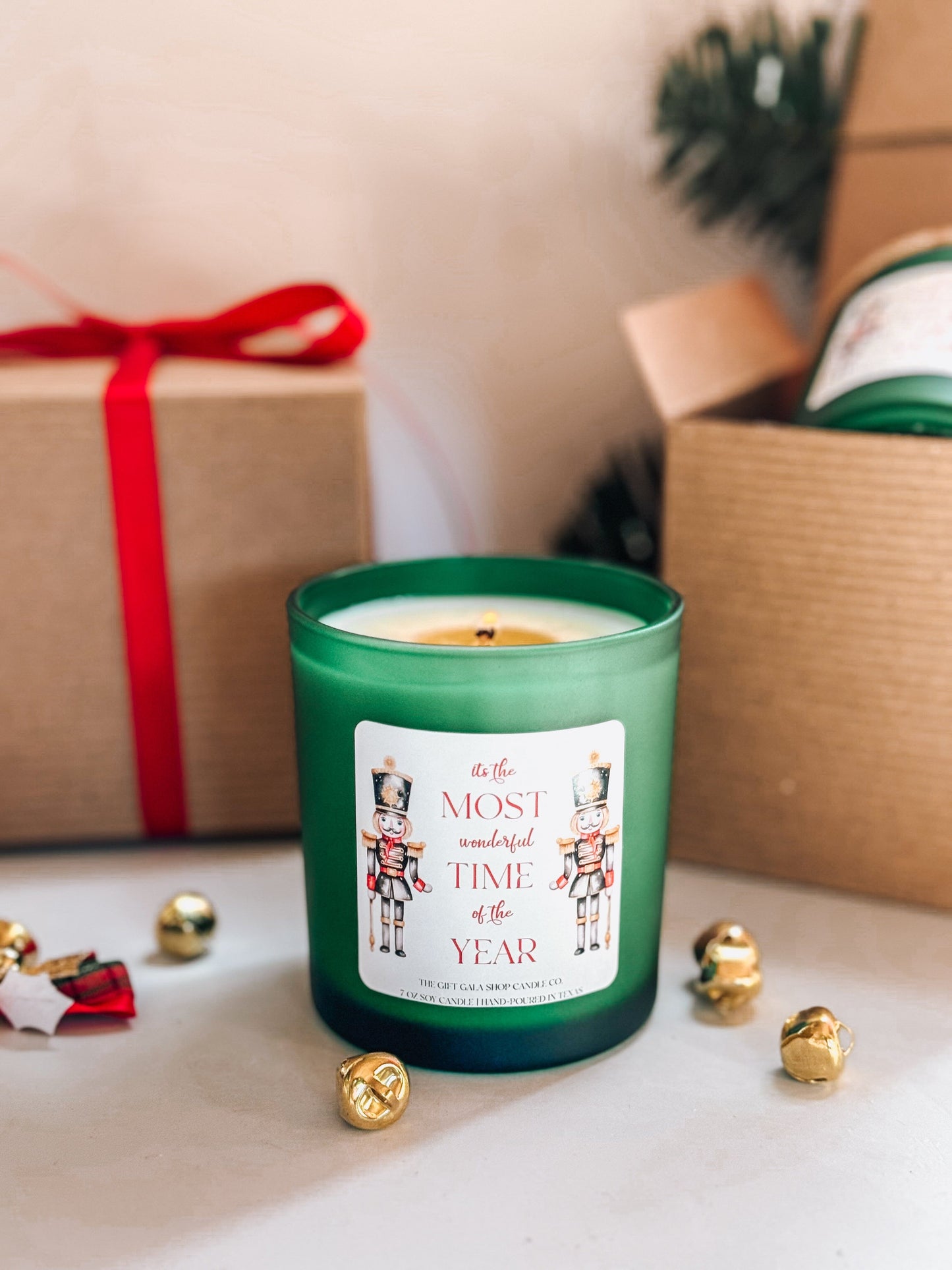 The Evergreen Nutcracker Candle | Green Christmas Home Decor | 8 oz Long Lasting Scented Candle Soy candle The Gift Gala Shop Candle Co.