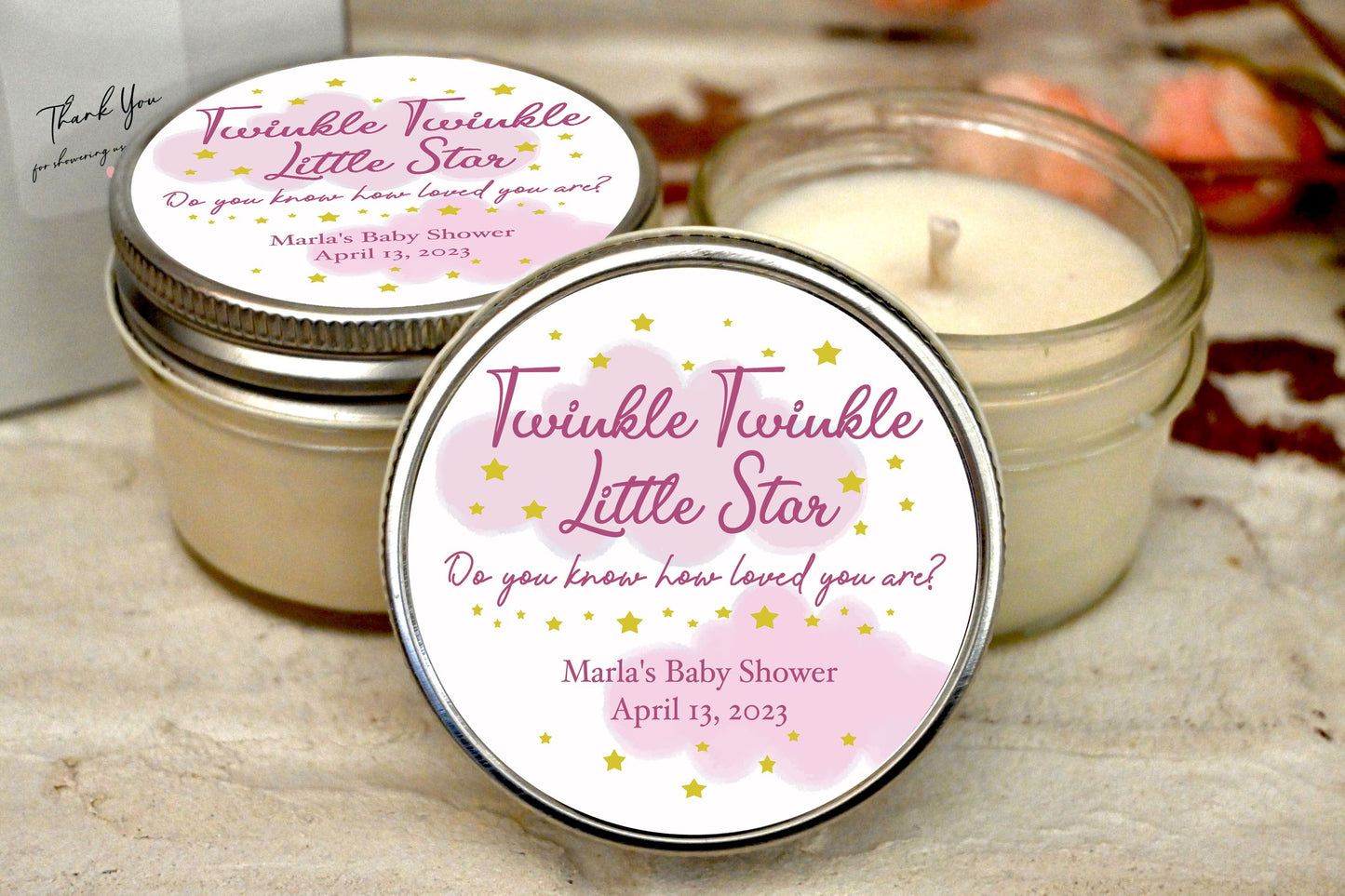 Pink Moon & Stars Baby Shower Favors | Girl Twinkle Twinkle Baby Shower | The Gift Gala Shop candle favors Thegiftgalashop