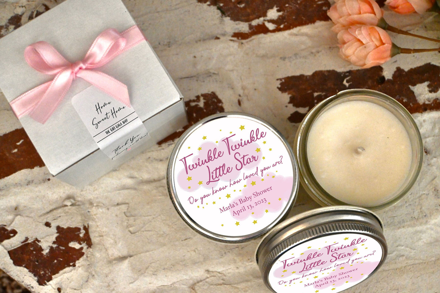 Pink Moon & Stars Baby Shower Favors | Girl Twinkle Twinkle Baby Shower | The Gift Gala Shop candle favors Thegiftgalashop