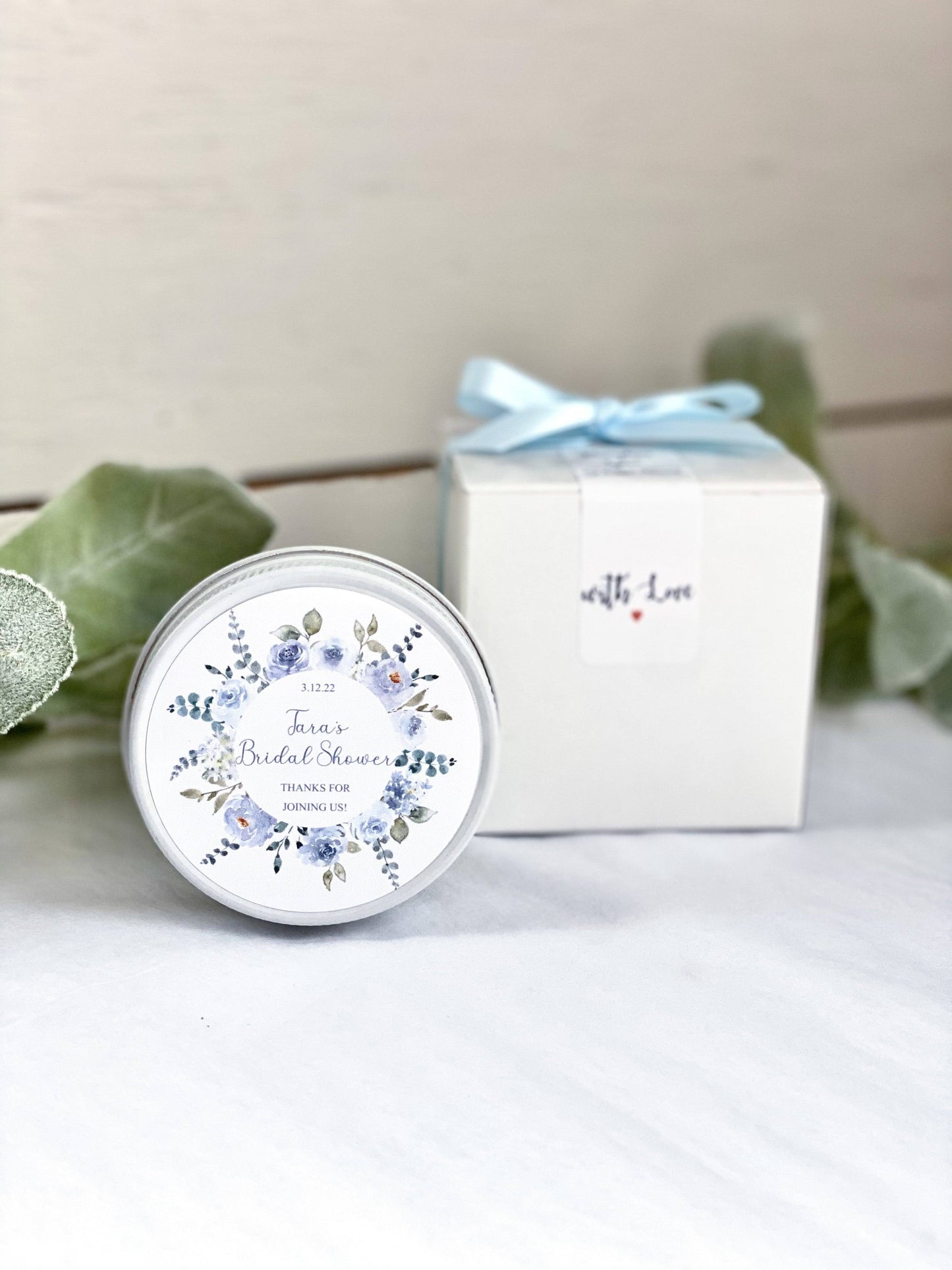 Steel Blue Boho Bridal Shower Favors | The Gift Gala Shop candle favors Thegiftgalashop
