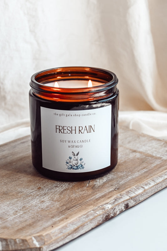16 oz Fresh Rain Scented Soy Candle | Blue and White Bunny | Floral Scent for Spring Home The Gift Gala Shop Candle Co.