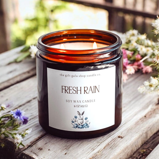 16 oz Fresh Rain Scented Soy Candle | Blue and White Bunny | Floral Scent for Spring Home The Gift Gala Shop Candle Co.