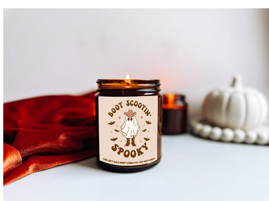 Boot Scootin Spooky Vintage Halloween Candle | 9 oz Western Halloween Candles by The Gift Gala Shop Candle Co | Halloween Home Decor Soy candle Thegiftgalashop