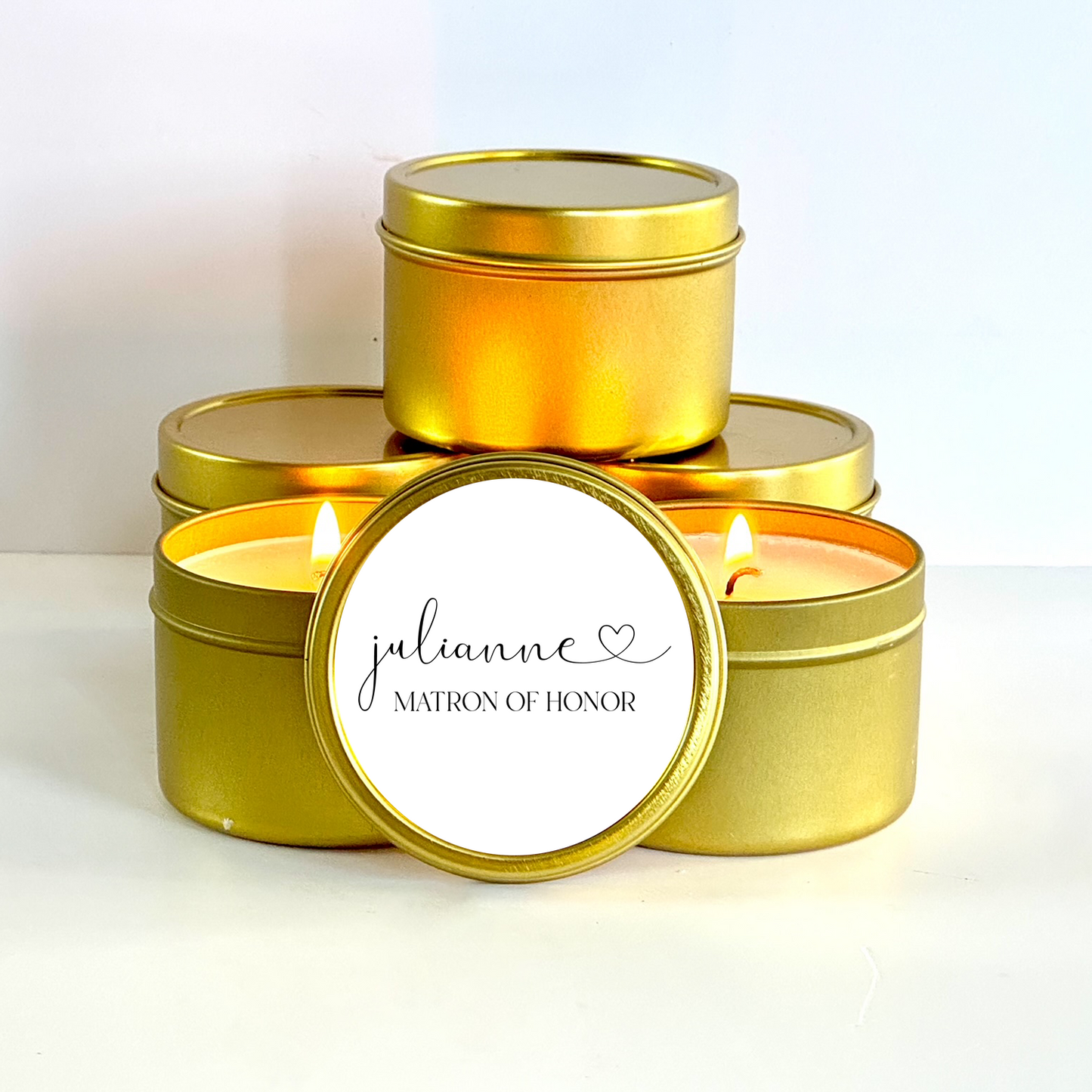 personalized matron of honor candle in gold tin with custom label