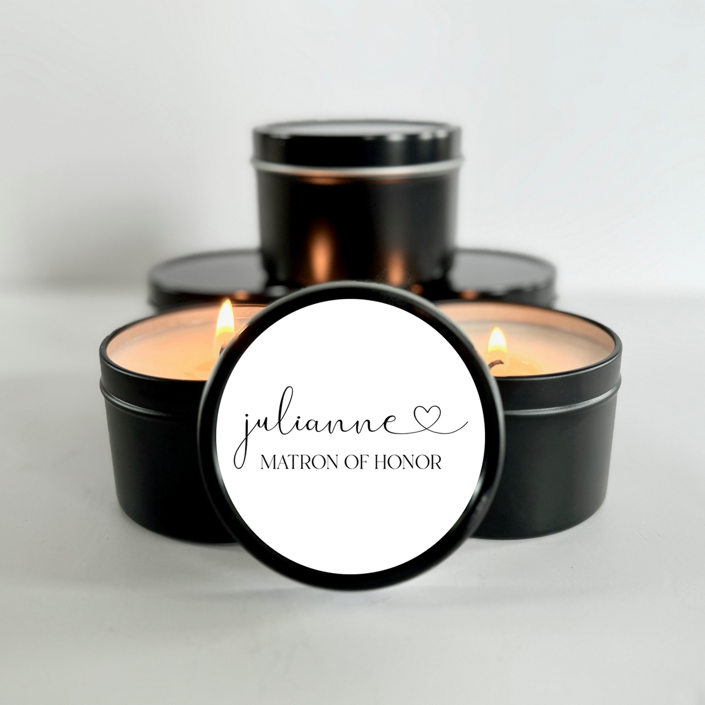 personalized matron of honor candle in black tin with custom label