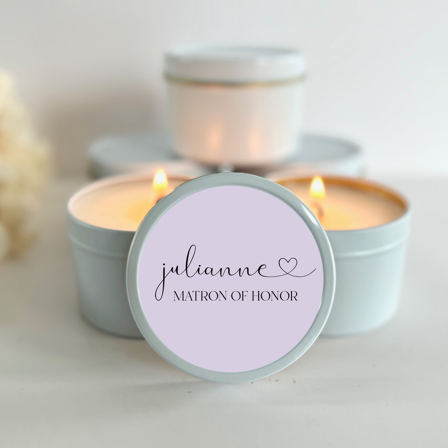 personalized matron of honor candle in white tin with custom label