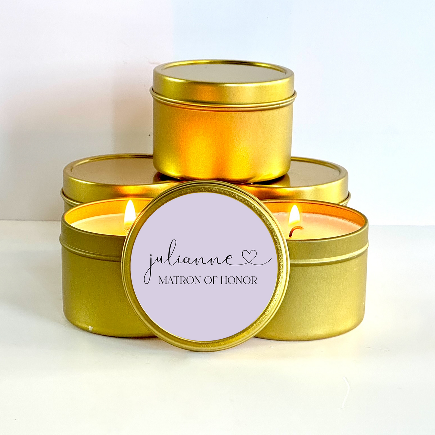 personalized matron of honor candle in gold tin with custom label