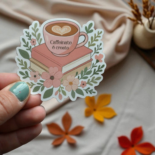 Caffeinate & Create Vinyl Sticker - Motivational Small Business Sticker - Coffee Lover Sticker - Sticker for Crafters The Gift Gala Shop Candle Co. 