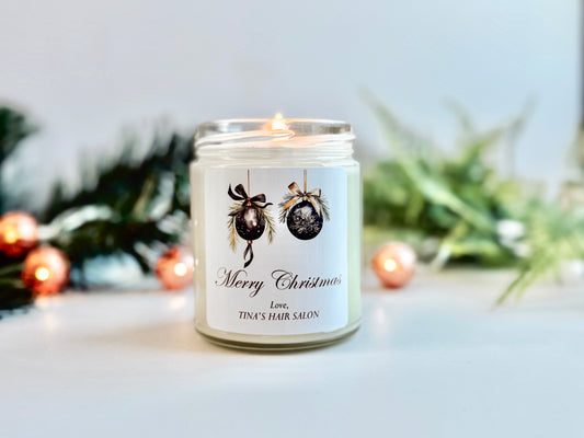 Custom Merry Christmas Candle | Stocking Stuffer | Black & Gold Ornaments | Secret Santa Gift | Holiday Home Decor | 9 oz Scented Soy Candle Thegiftgalashop 