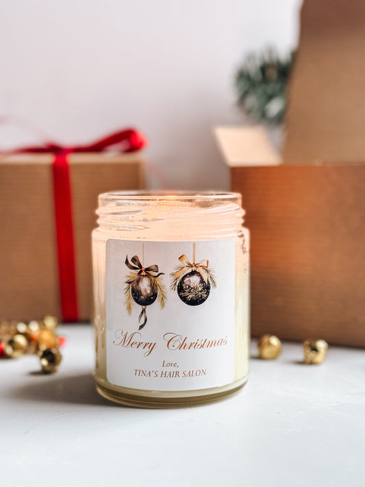 Custom Merry Christmas Candle | Stocking Stuffer | Black & Gold Ornaments | Secret Santa Gift | Holiday Home Decor | 9 oz Scented Soy Candle Thegiftgalashop