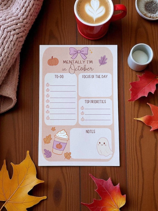 Cute Halloween Daily Planner Notepad 8" x 5.5" - Fall Aesthetic Stationery - Mentally Im In October Notepad The Gift Gala Shop Candle Co.