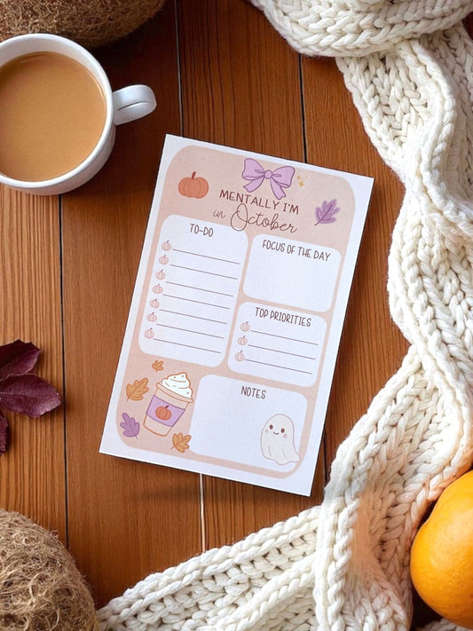 Cute Halloween Daily Planner Notepad 8" x 5.5" - Fall Aesthetic Stationery - Mentally Im In October Notepad The Gift Gala Shop Candle Co.