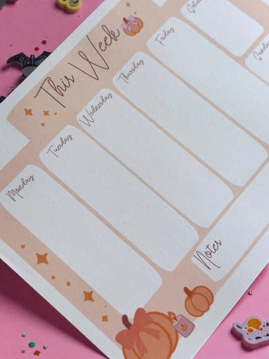 Cute Halloween Weekly Planner Notepad 8.5" x 11" - Fall Aesthetic Stationery - Mentally Im In October Notepad The Gift Gala Shop Candle Co.