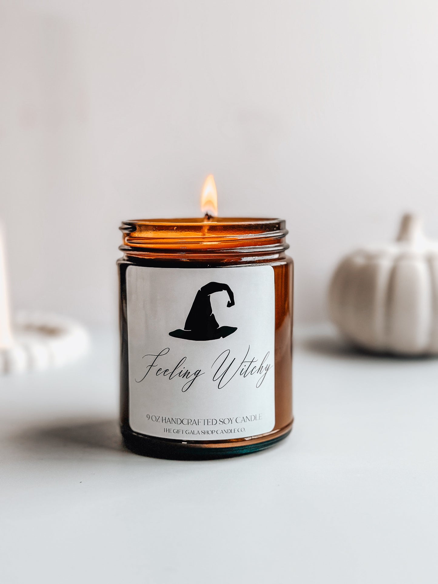 Feeling Witchy Amber Glass Candle | 9 oz Autumn Soy Candles by The Gift Gala Shop Candle Co | Halloween Home Decor