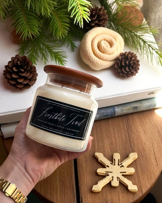 Frostbite Trail Soy Candle 22 oz | Rustic Holiday Farmhouse Candle in Apothecary Jar with Wood Lid The Gift Gala Shop Candle Co.