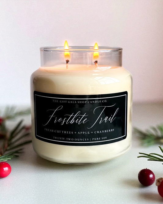 Frostbite Trail Soy Candle 22 oz | Rustic Holiday Farmhouse Candle in Apothecary Jar with Wood Lid The Gift Gala Shop Candle Co.