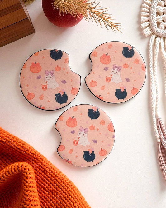 Halloween Car Coasters - Fall Pumpkin Car Coasters - Coffee & Pumpkins - Neoprene Car Coasters The Gift Gala Shop Candle Co.