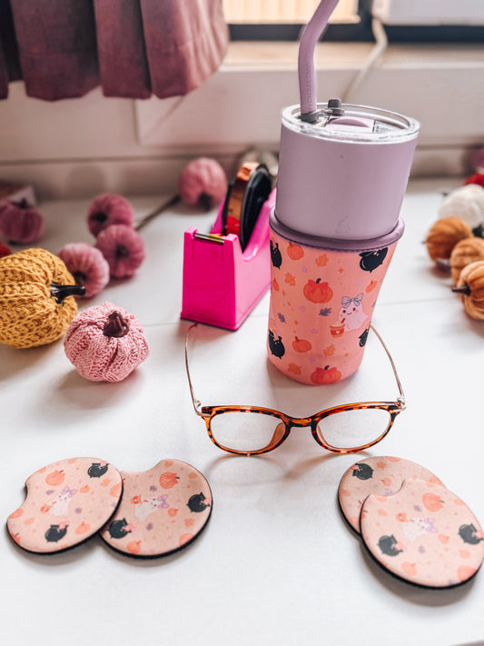 Halloween Car Coasters - Fall Pumpkin Car Coasters - Coffee & Pumpkins - Neoprene Car Coasters The Gift Gala Shop Candle Co.