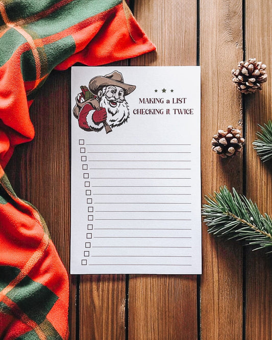“Make a List, Check It Twice” Cowboy Santa Notepad | Western Holiday To-Do List | Christmas Desk Accessory The Gift Gala Shop Candle Co. 