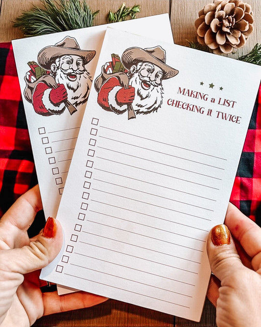 “Make a List, Check It Twice” Cowboy Santa Notepad | Western Holiday To-Do List | Christmas Desk Accessory The Gift Gala Shop Candle Co.