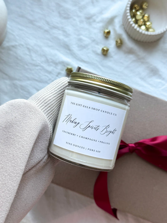 Making Spirits Bright Scented Soy Candle | Cranberry, Champagne & Praline | Non-Toxic Holiday Candle Gift The Gift Gala Shop Candle Co.