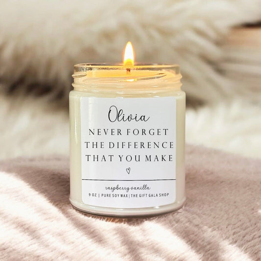 Never Forget The Difference That You Make, Personalized Candle, Retirement Gift, Coworker Gift, Thank You Gift for Nurse, Coach, Teacher The Gift Gala Shop Candle Co.