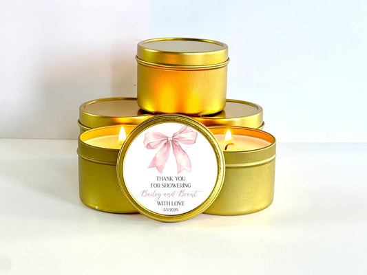 Pink Bow Baby Shower Favors - Set of 10 Personalized Tin Candles in Bulk - Non Toxic Natural Soy Candles Candle Favors The Gift Gala Shop Candle Co.