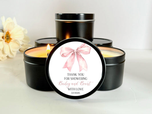 Pink Bow Baby Shower Favors - Set of 10 Personalized Tin Candles in Bulk - Non Toxic Natural Soy Candles Candle Favors The Gift Gala Shop Candle Co.