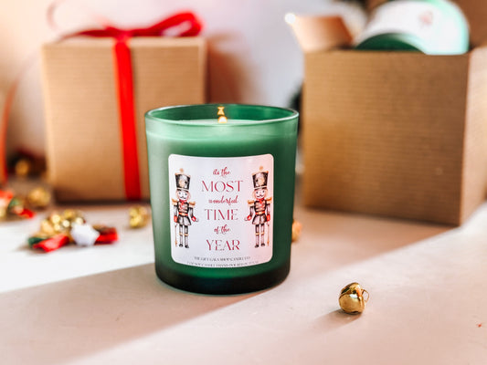 The Evergreen Nutcracker Candle | Green Christmas Home Decor | 8 oz Long Lasting Scented Candle Soy candle The Gift Gala Shop Candle Co.