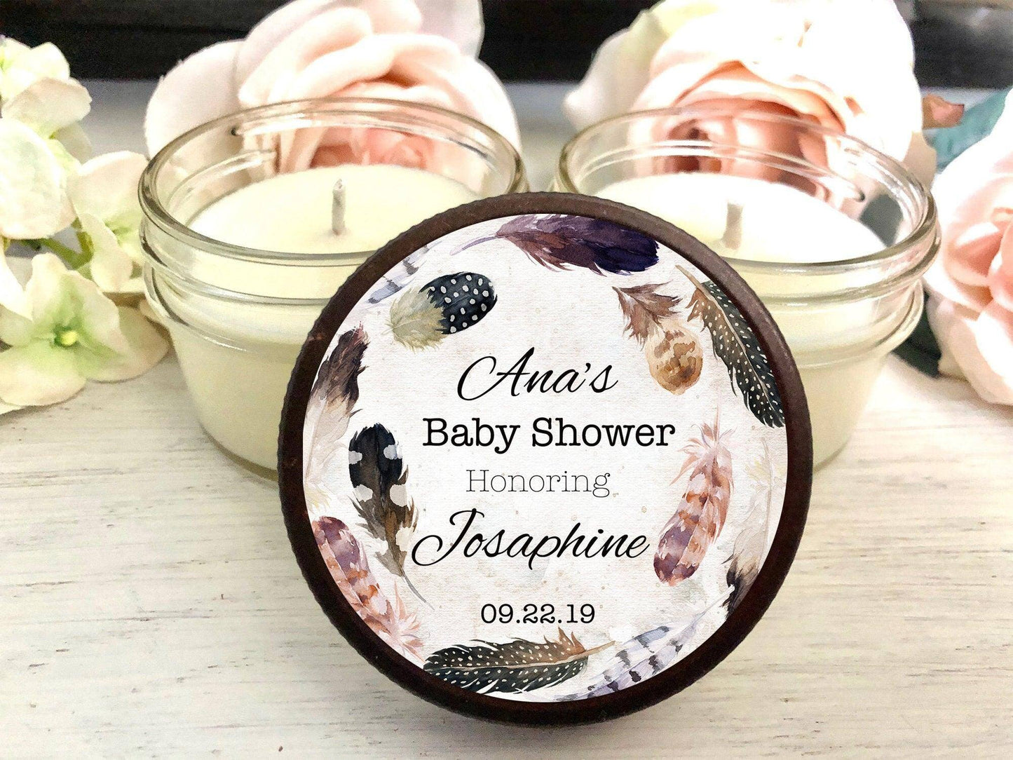 Boho Feather Baby Shower | Soy Candle Favors | The Gift Gala Shop candle favors Thegiftgalashop 