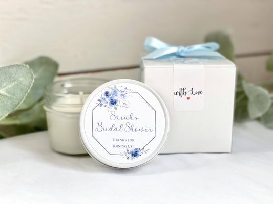 Dusty Blue Bridal Shower Favors | The Gift Gala Shop candle favors Thegiftgalashop