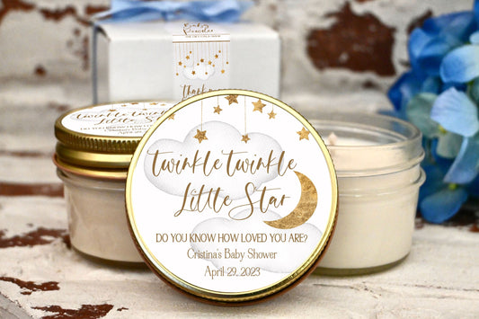 Gray & Gold Twinkle Twinkle Little Star Baby Shower Favors | Moon & Stars Candle Favors | The Gift Gala Shop candle favors Thegiftgalashop