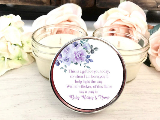 Lavender Baby Shower Favor Candles | Lavender Floral Baby Shower | The Gift Gala Shop candle favors Thegiftgalashop