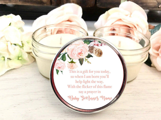 Pink Floral Baby Shower Candle Favors | Baby's Prayer Favor Ideas | The Gift Gala Shop candle favors Thegiftgalashop 