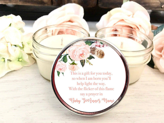 Pink Floral Baby Shower Candle Favors | Baby's Prayer Favor Ideas | The Gift Gala Shop candle favors Thegiftgalashop