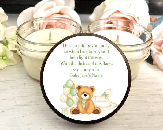 Teddy Bear Baby Shower Favors | Green Baby Shower | The Gift Gala Shop candle favors Thegiftgalashop 