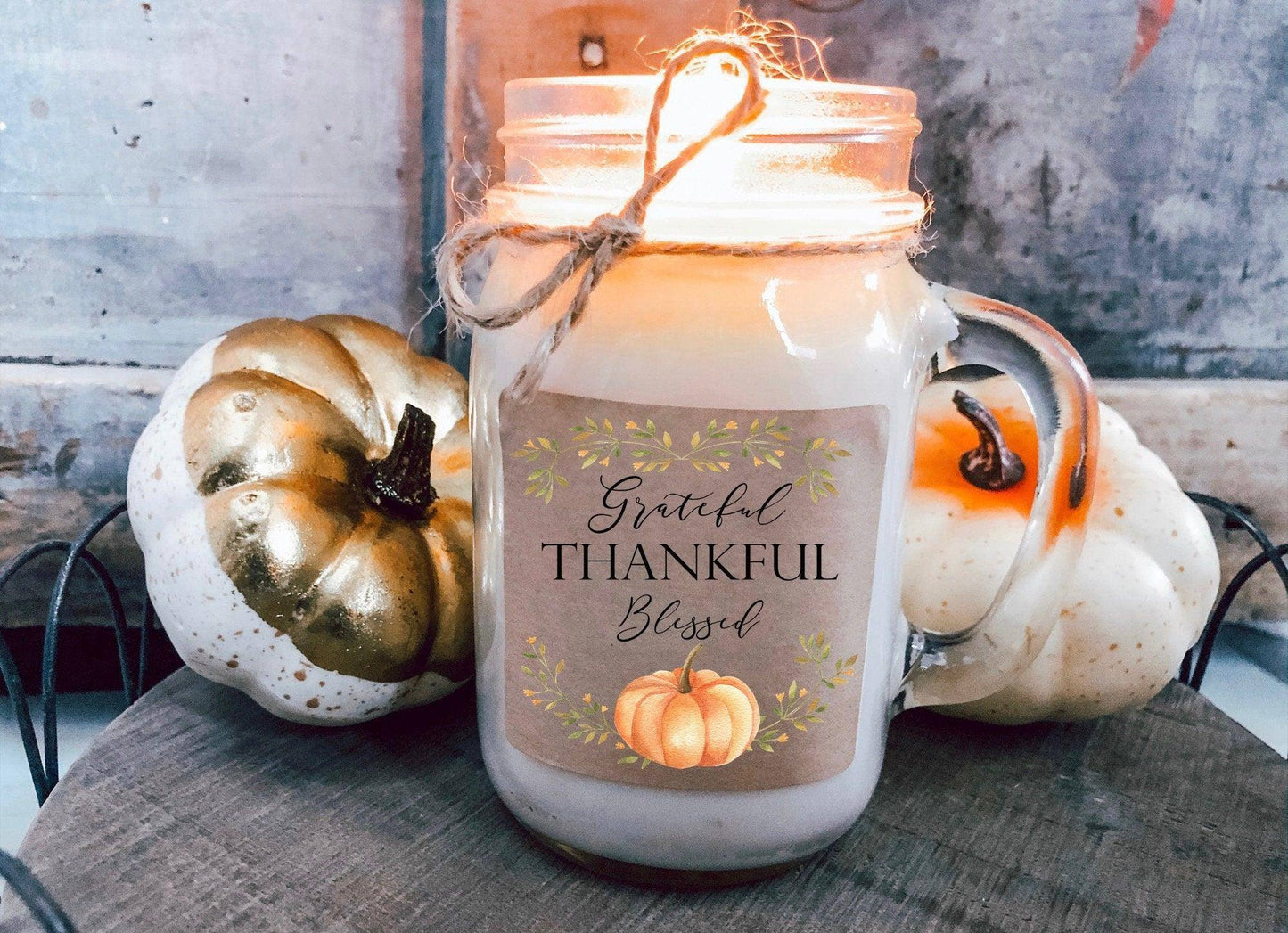 Thanksgiving Candle Gift Idea, Grateful Thankful Blessed, mason Jar candle, autumn candle, fall candle, Handmade Soy Candle, Thanksgiving Thegiftgalashop 